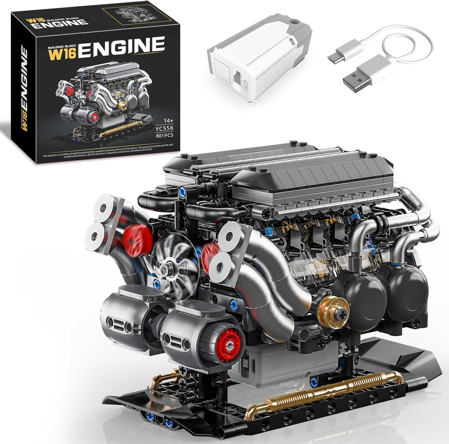 W16 Engine Building Blocks Set, STEM Mini 16-Cylinder Engine Model Kit That Runs, Compatible with Lego Car, DIY Physical Science Experiment