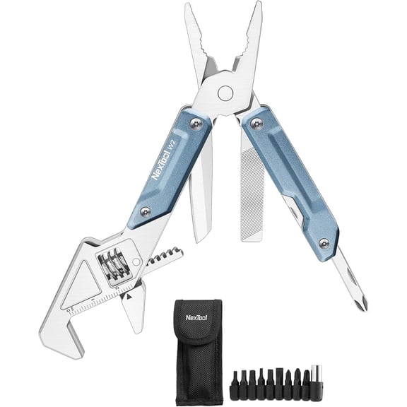 W2, 8 in 1 Multi Tool with Adjustable Wrench, Multitool Pliers, Pocket Knife, Screwdriver and File, Multi-Tool with 9 in 1 Bits Set and Nylon Sheath for Cycling Maintenancen, Household Repairs