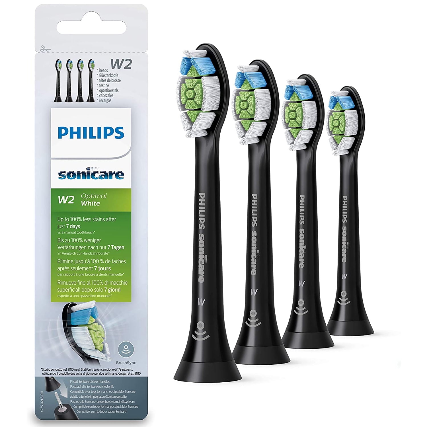 W2 Optimal White Replacement Brush Heads Compatible with Philips SoniTeeth Care Standard Sonic Toothbrush HeadsHX6064, Black 4-pack, Premium Brush