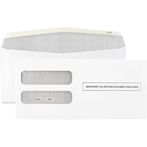 W2 Tax Envelopes for 3-Up Horizontal, Double Window Gum-Seal Security Envelope, W-2 with the Side Stub Removed Tax Forms Pack of 25 Envelopes