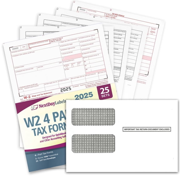 W2 Tax Forms 2025 with Envelopes 4 Part Set for 25 Self Seal
