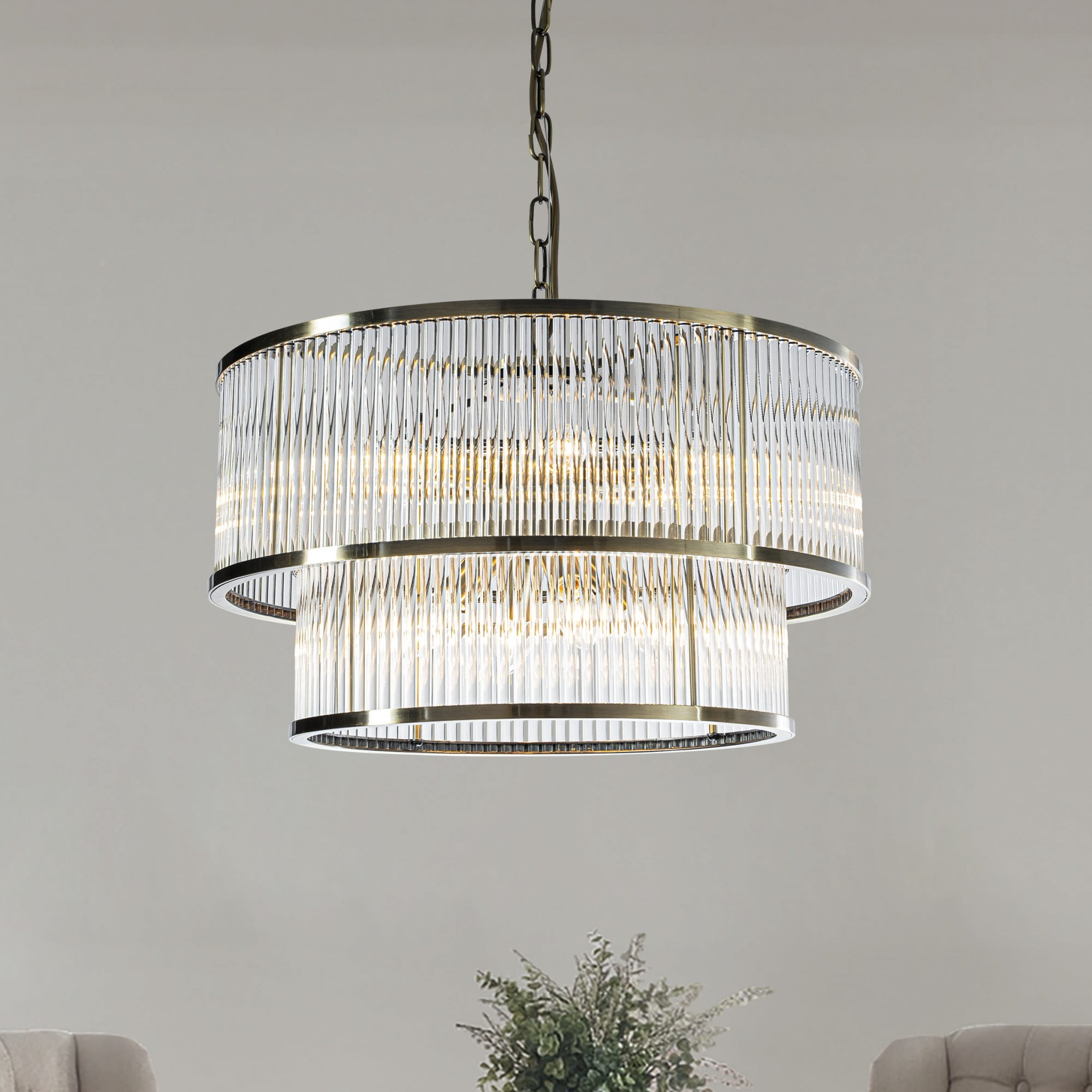 W21in Modern Glam 10-Light 2 Tiered Glass Drum Chandelier in Antique Bronze Contemporary Round Adjustable Hanging Light For Living Room Dining Room
