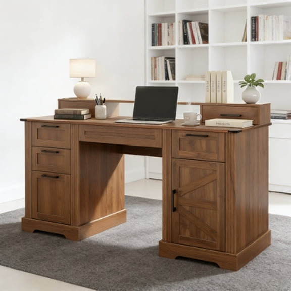W2917S00007 59" Farmhouse Office Desk With Charging Station & Storage Cabinet, Barn Door Design Home Study Desk With File Drawer, Monitor Stand & Keyboard Tray, Dark Walnut