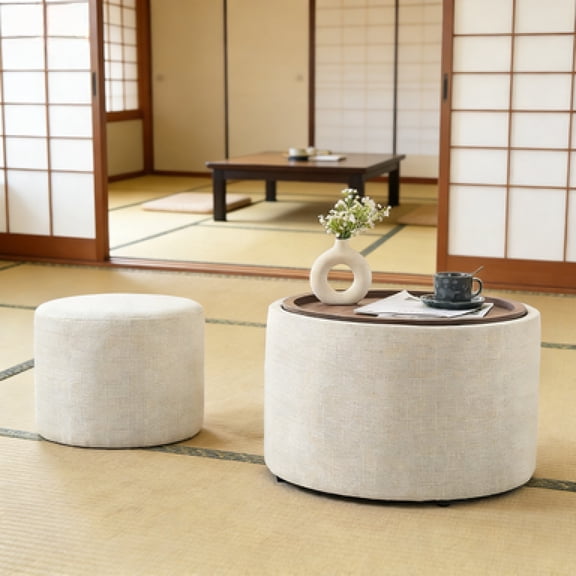 W3163P379373 2-Piece Nesting Storage Ottomans - Beige Linen Upholstered Footstools With Wood Tray, Round Coffee Table & Bench For Living Room