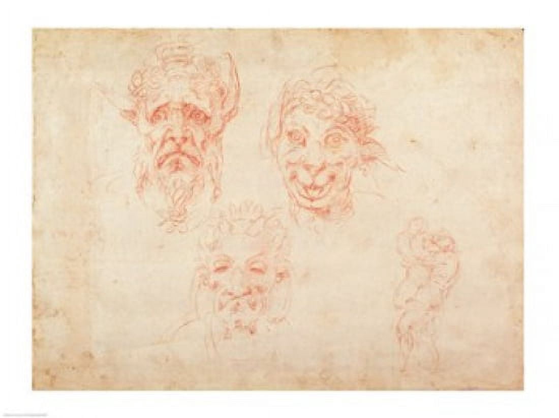 W33 Sketches of satyrs faces Canvas Art - Michelangelo Buonarroti (24 x 18)
