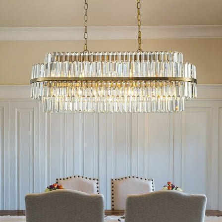 W39 in 2-Tier 7-Light Rectangular Contemporary Glam Crystal Chandelier in Antique Gold Modern Classic Dimmable Chandeliers for Dining Room Kitchen Island