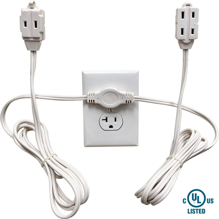 W4W Twin Extension Cord Power Strip - 12 Foot Cord - 6 feet on Each Side -  Flat Head (Wall Hugger) Outlet Plug - 6 Polarized Outlets with Safety Cover