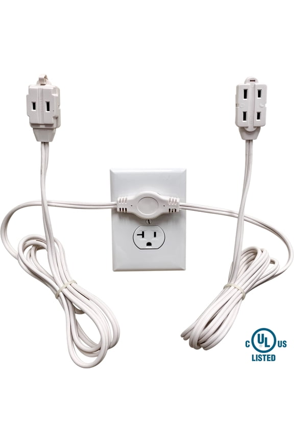 Twin Extension Cord Power Strip - 24 Foot Cord - 12 feet on Each Side - Flat Head (Wall Hugger) Outlet Plug - 6 Polarized Outlets with Safety Cover
