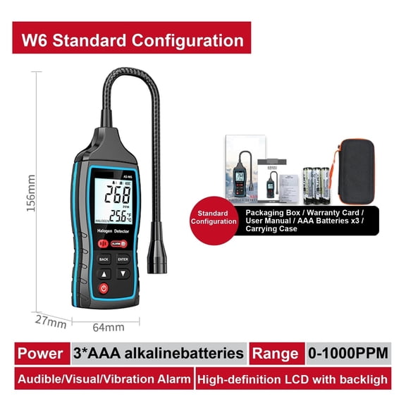 W6 Halogen Gas Detector 01000PPM Refrigerant Leak Detector Leak Detector LCD Display Battery Powered Rechargeable