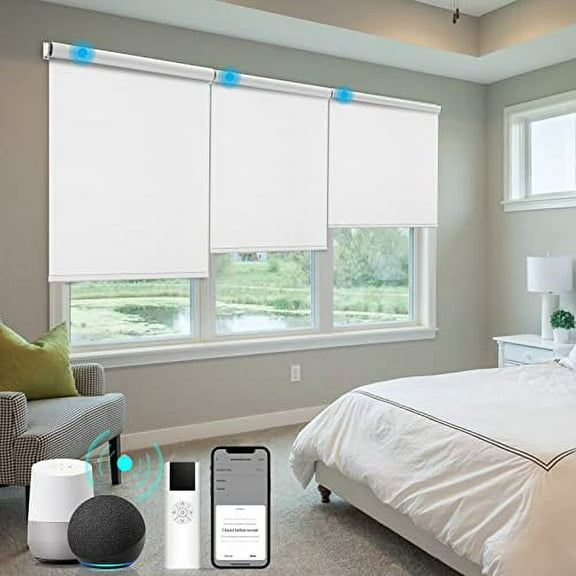 W61 x H72,White HILADUO Motorized Roller Shades 100% Blackout Window Roller Blinds Outside Mount Zigbee Motor Blind Shade Mobile Phone Remote Control Compatible Alexa Google Via Tuya Hub