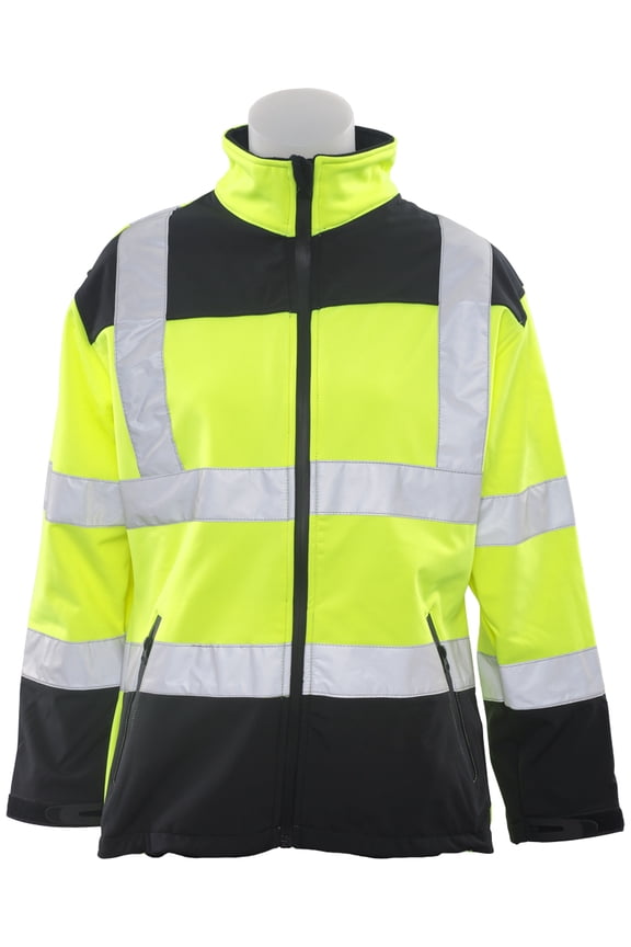 W651 Women's Fitted ANSI Class 2 Soft Shell Jacket in Hi Viz Lime/Black Bottom, 3X