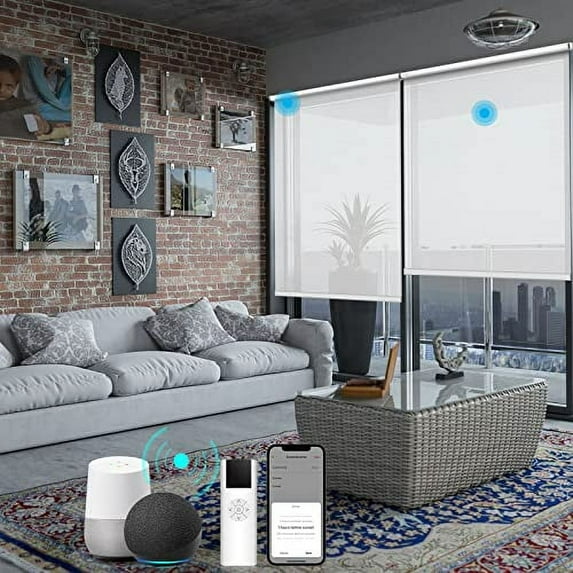 (W78 x H72,White)HILADUO Motorized Roller Shades Light Filter Window Roller Blinds Outside Mount Zigbee Motor Blind Shade Mobile Phone Remote Control Compatible Alexa Google Via Tuya Hub
