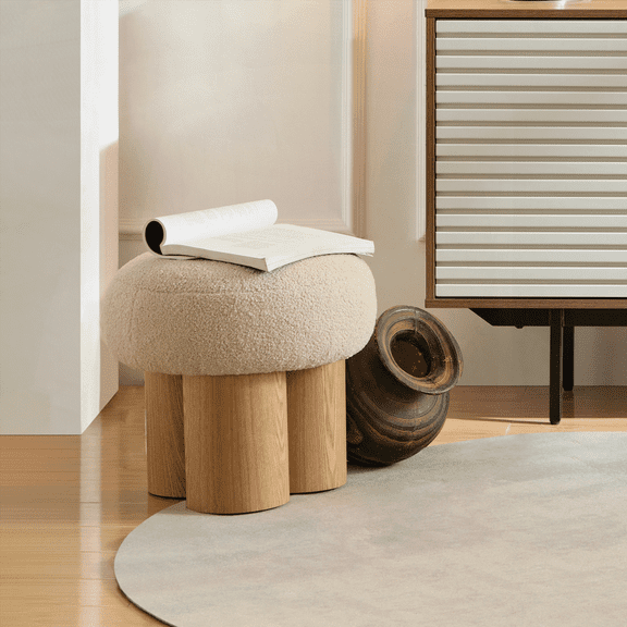 W8017-1 Mushroom Stool - Grieg Plush Cushion, Wooden Barrel PVC Pipe, Walnut Finish | Multi-Purpose Furniture