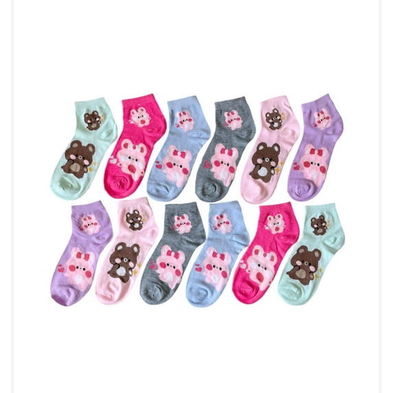 WA - 12 Pairs Womens Colorful Bears Assorted Styles Low Cut Ankle Socks Cotton Size 9-11