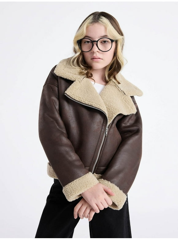 Girls Faux Leather Biker Jacket with Faux Shearling Trim, Sizes 4-18