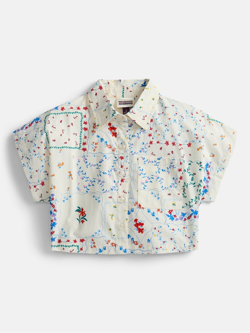 Weekend Academy Girl Cropped Button Down Cotton Shirt with Short