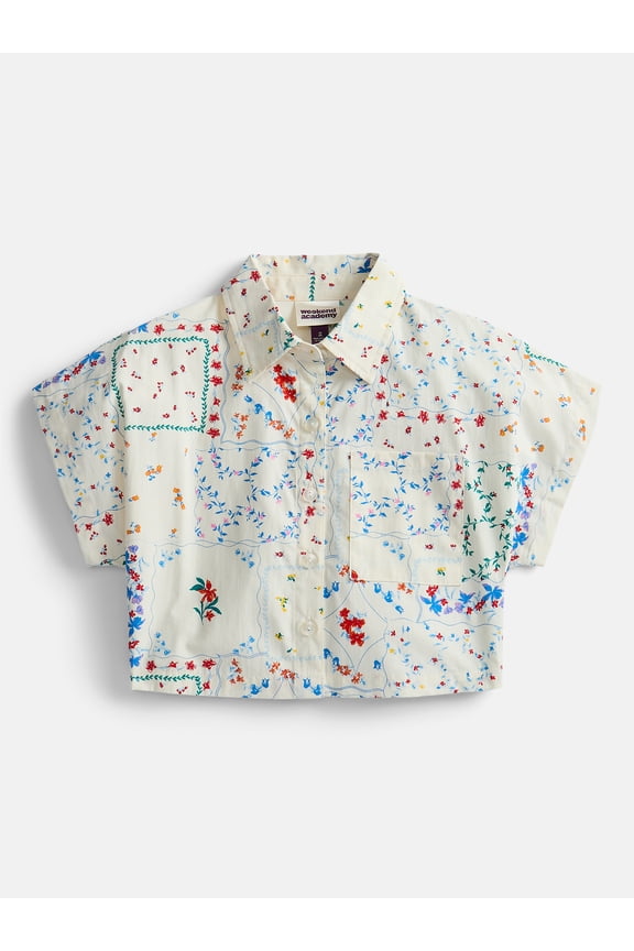 Girl Cropped Button Down Cotton Shirt with Short Sleeves, Sizes 4-18