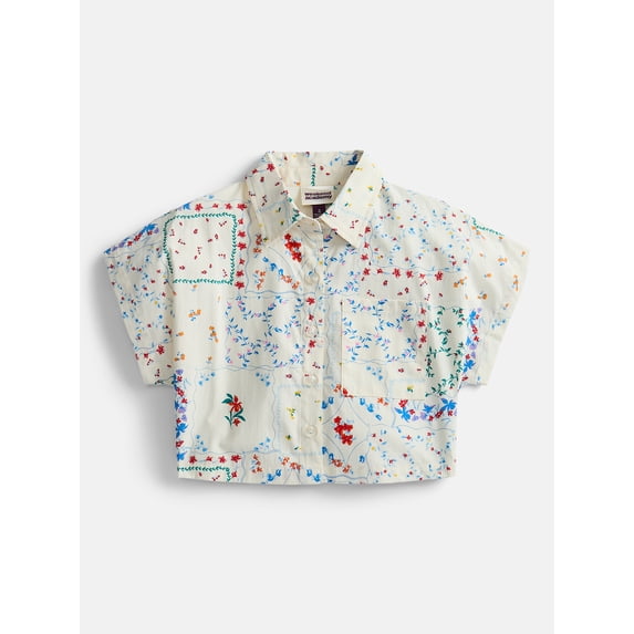 Weekend Academy Girl Cropped Button Down Cotton Shirt with Short Sleeves, Sizes 4-18