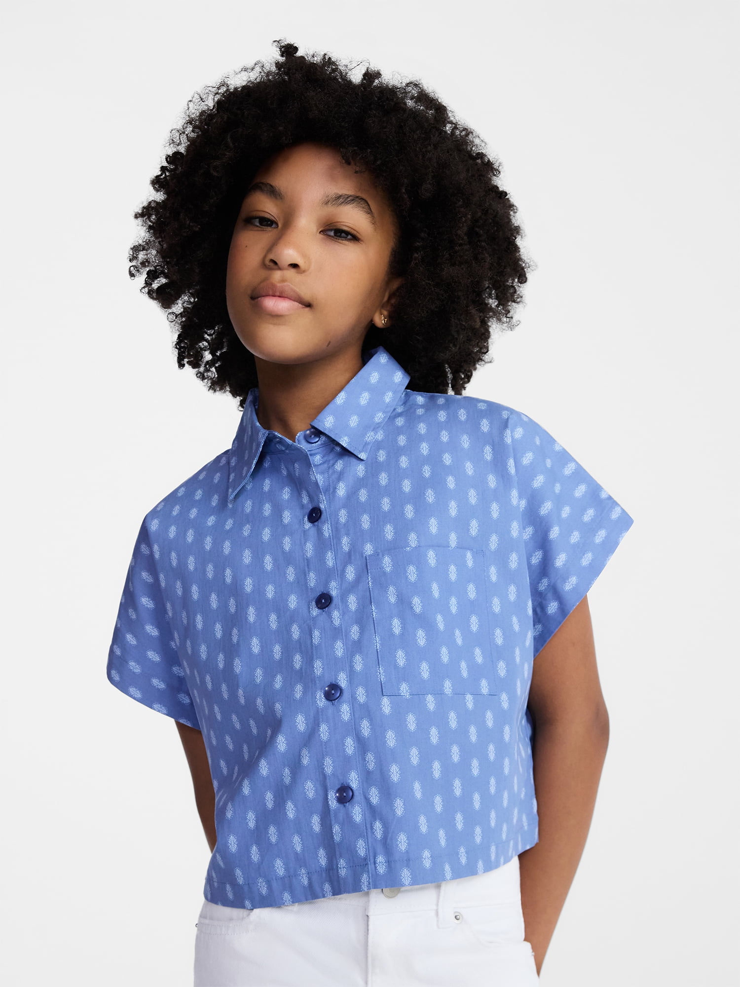 Weekend Academy Girl Cropped Button Down Cotton Shirt with Short Sleeves, Sizes 4-18