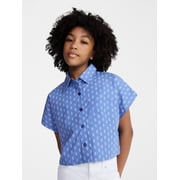 Girl Cropped Button Down Cotton Shirt with Short Sleeves, Sizes 4-18