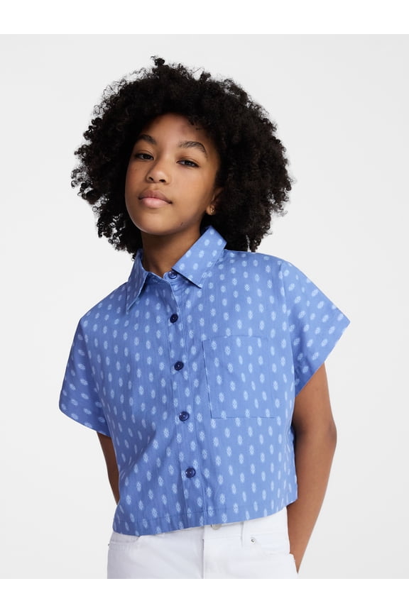 Girl Cropped Button Down Cotton Shirt with Short Sleeves, Sizes 4-18