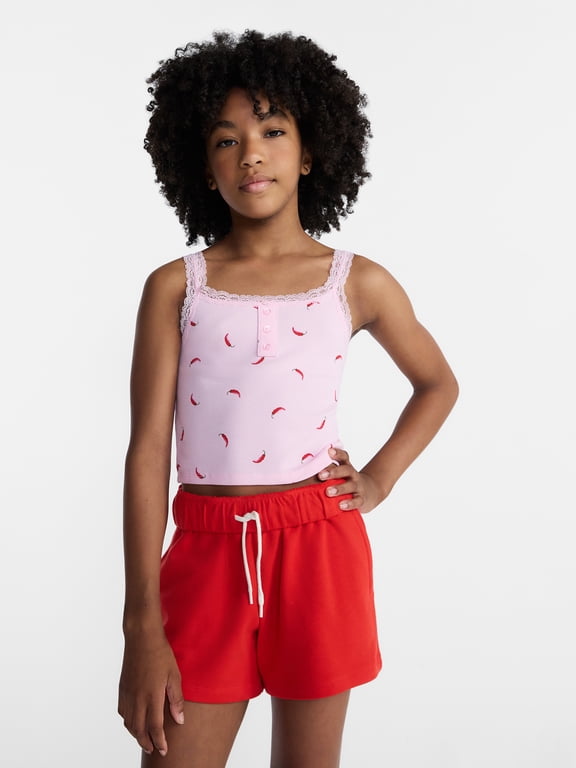 Girls Henley Tank Top with Lace Trim, Sizes 4-18