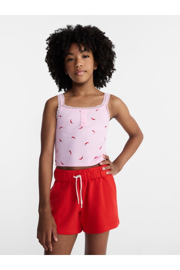 Girls Henley Tank Top with Lace Trim, Sizes 4-18