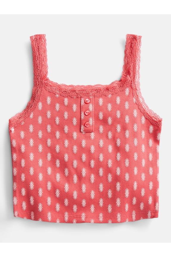 Girls Henley Tank Top with Lace Trim, Sizes 4-18