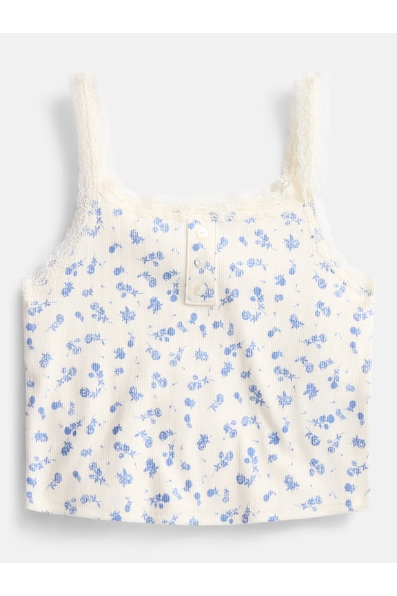 Girls Henley Tank Top with Lace Trim, Sizes 4-18