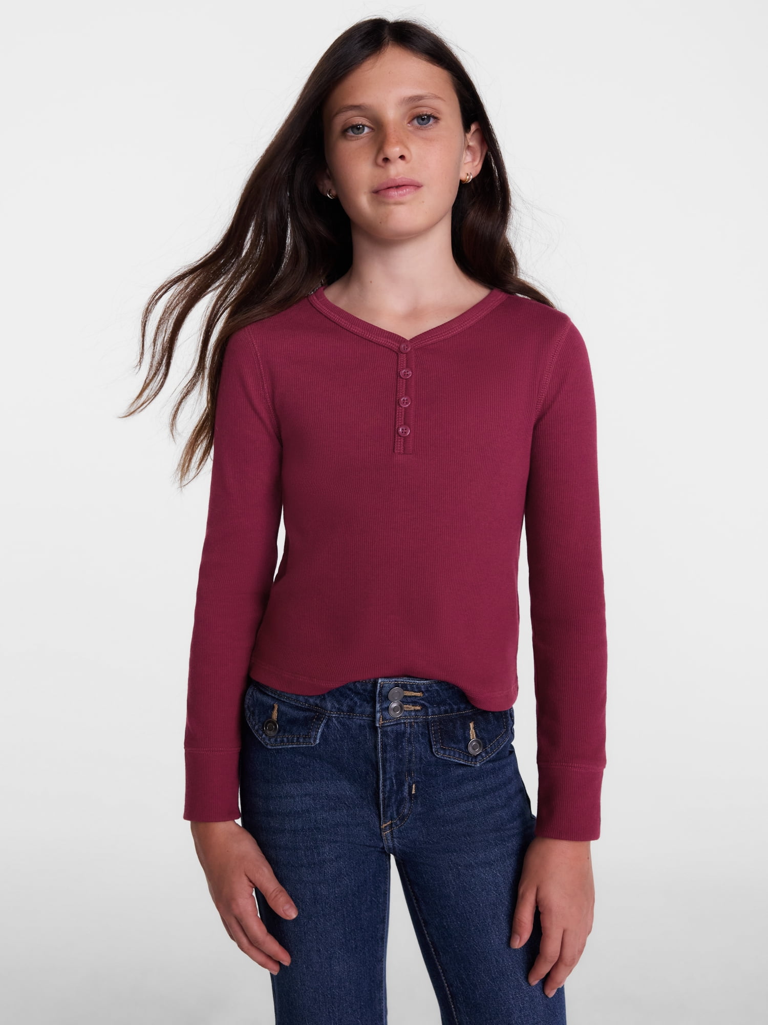 Weekend Academy Girls Ribbed Henley Top with Long Sleeves, Sizes 4-18