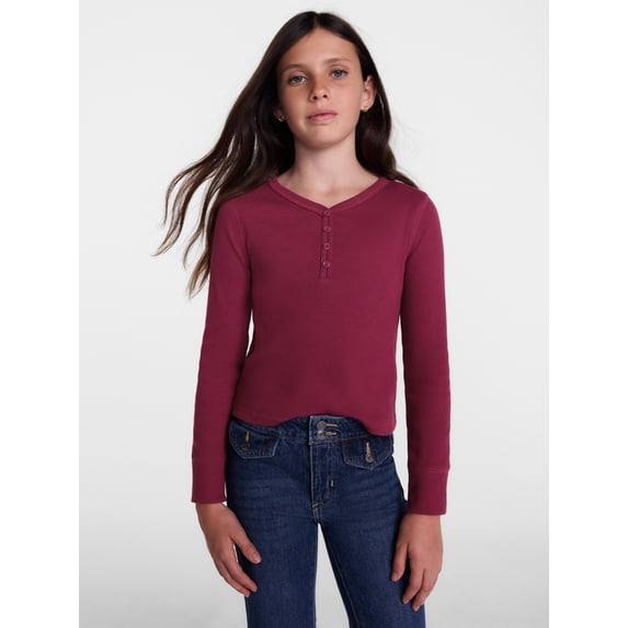 Weekend Academy Girls Ribbed Henley Top with Long Sleeves, Sizes 4-18