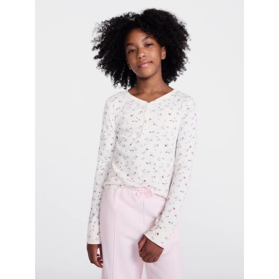 Weekend Academy Girls Ribbed Henley Top with Long Sleeves, Sizes 4-18