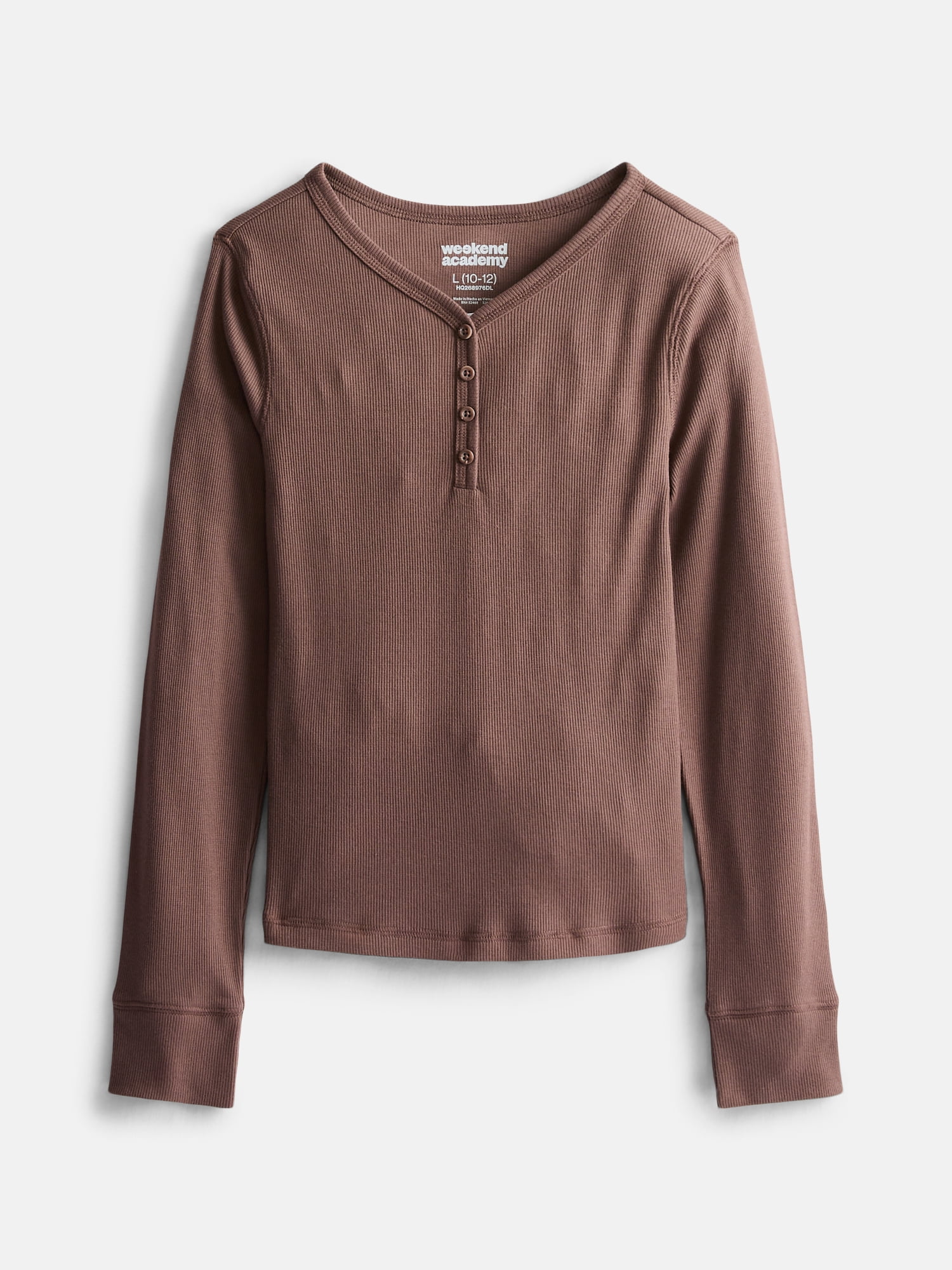 Weekend Academy Girls Ribbed Henley Top with Long Sleeves, Sizes 4-18