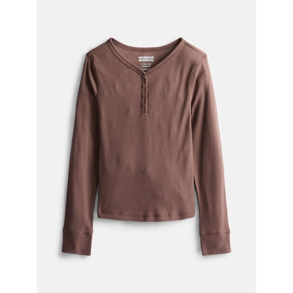 Weekend Academy Girls Ribbed Henley Top with Long Sleeves, Sizes 4-18