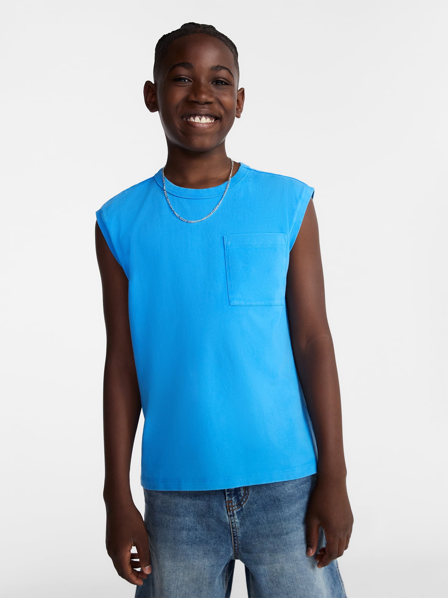 Weekend Academy Boys Oversized Cotton Tank Top with Pocket, Sizes 4-18