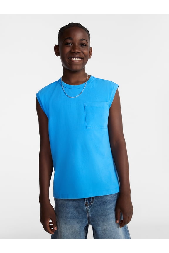 Boys Oversized Cotton Tank Top with Pocket, Sizes 4-18