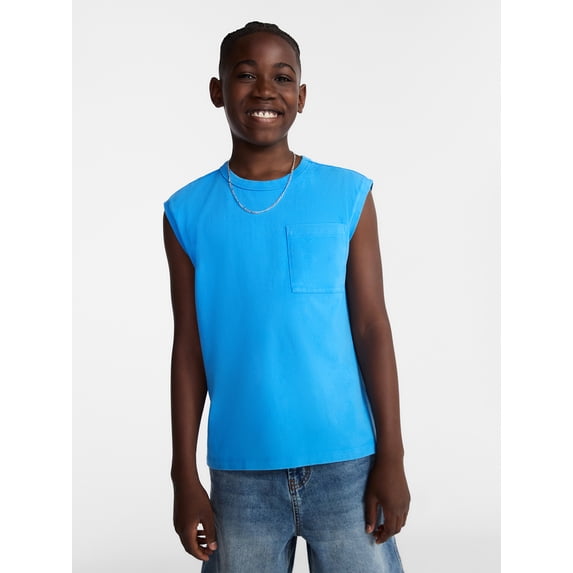 Weekend Academy Boys Oversized Cotton Tank Top with Pocket, Sizes 4-18