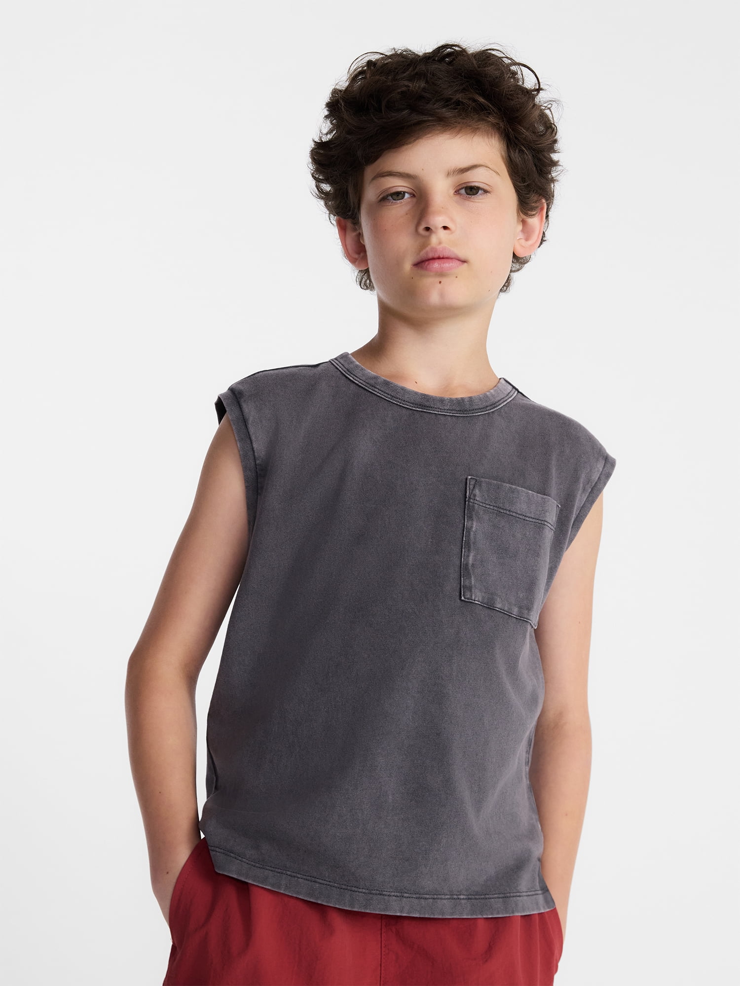 Weekend Academy Boys Oversized Cotton Tank Top with Pocket, Sizes 4-18