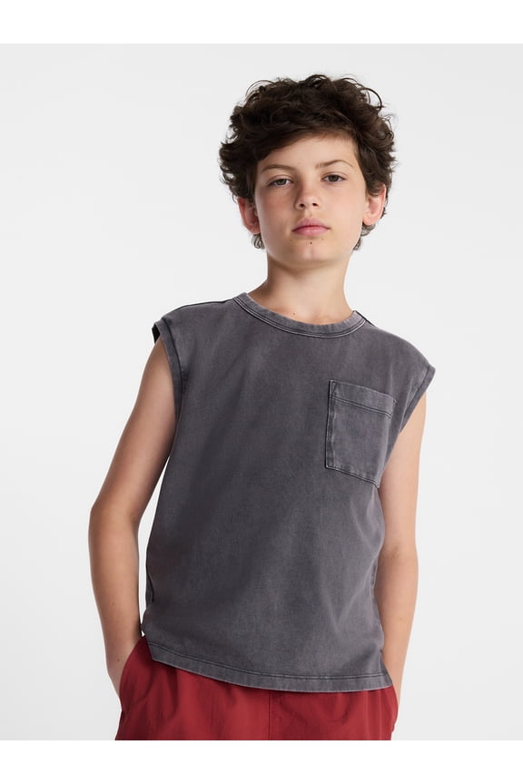 Boys Oversized Cotton Tank Top with Pocket, Sizes 4-18