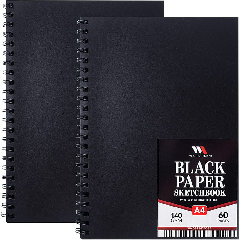 WA Portman A4 Black Paper Sketchbook, 60 Spiral Bound Pages 