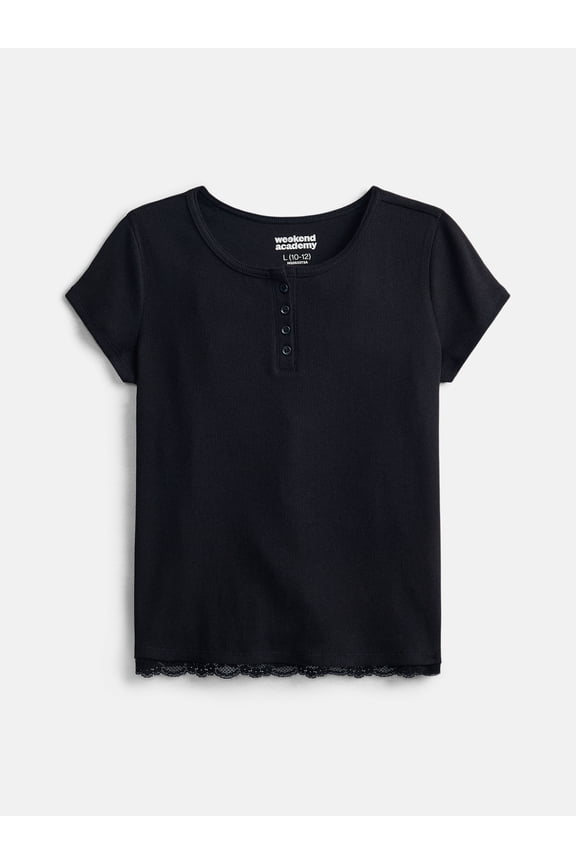 Girls Henley Tee with Lace Trim, Sizes 4-18