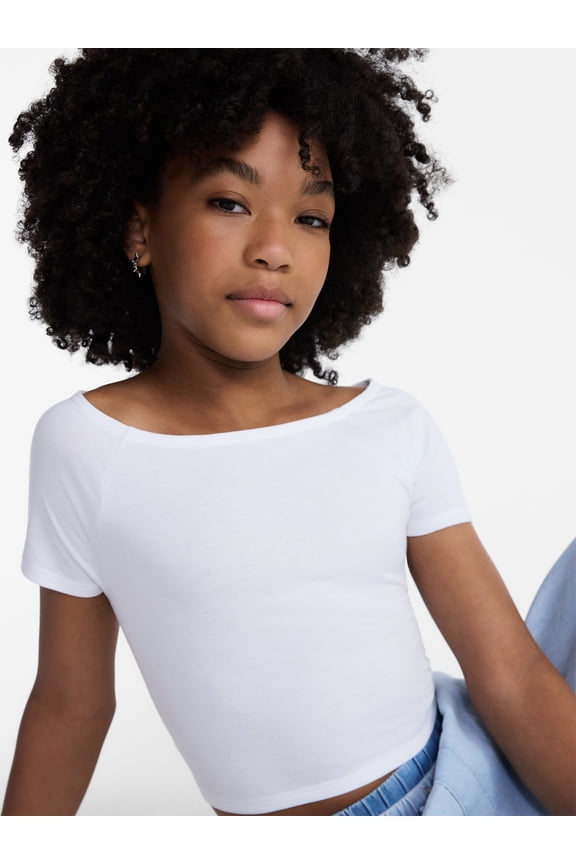 Girls Wide Neck Knit Top with Short Sleeves, Sizes 4-18