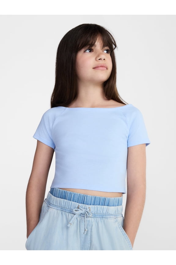 Girls Wide Neck Knit Top with Short Sleeves, Sizes 4-18