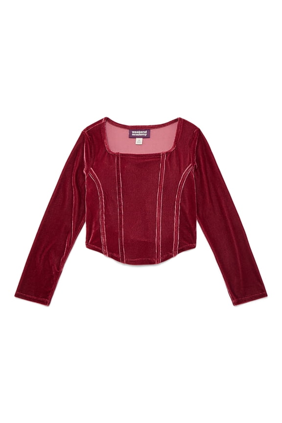 Girls Velvet Corset Top with Long Sleeves, Sizes 4-18