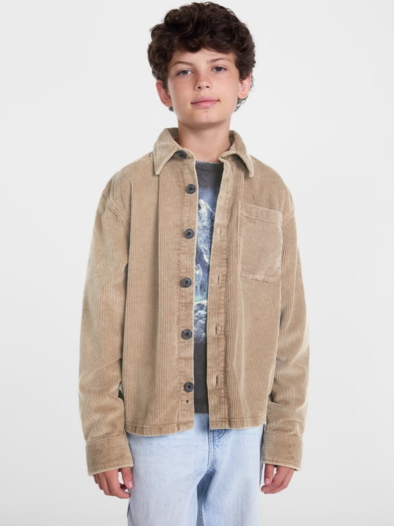 Boys Washed Button Front Corduroy Shirt with Long Sleeves, Sizes 4-18