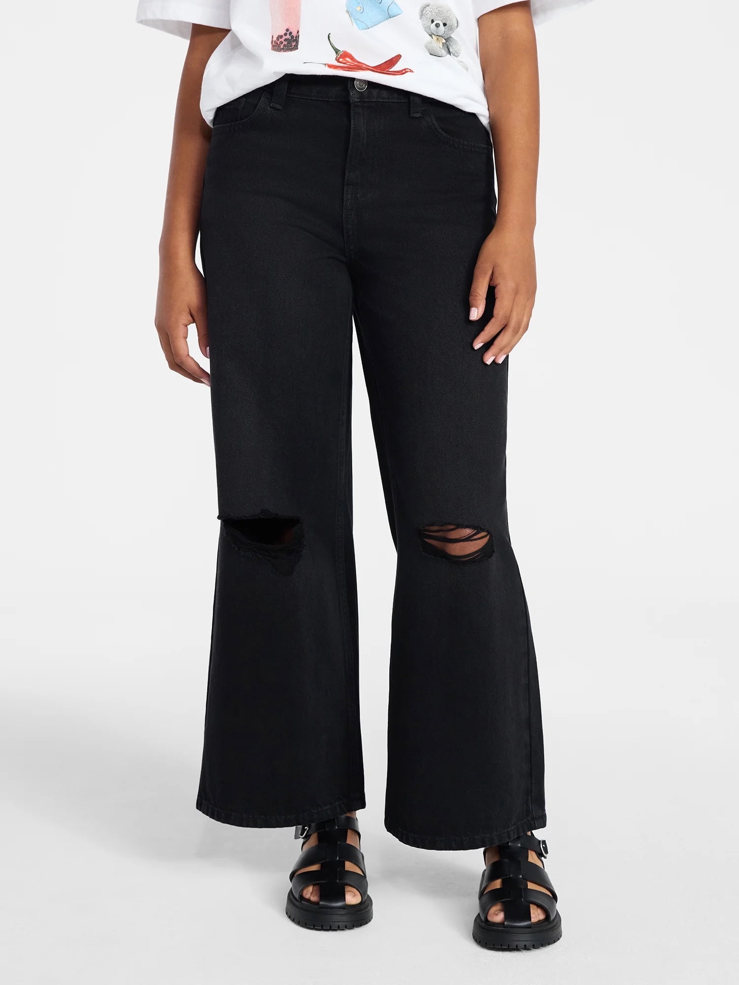 Weekend Academy Girls Cotton Wide Leg Destructive Denim Jeans, Sizes 5-18