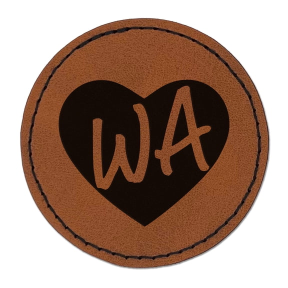 WA Washington State in Heart 2.5" Faux Leather Round Engraved Iron-On Patch - Brown