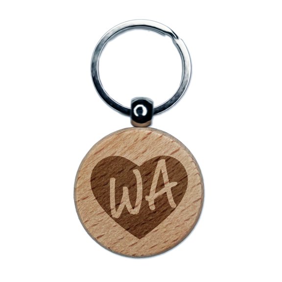 WA Washington State in Heart Round Keychain Charm Tag - Engraved Wood