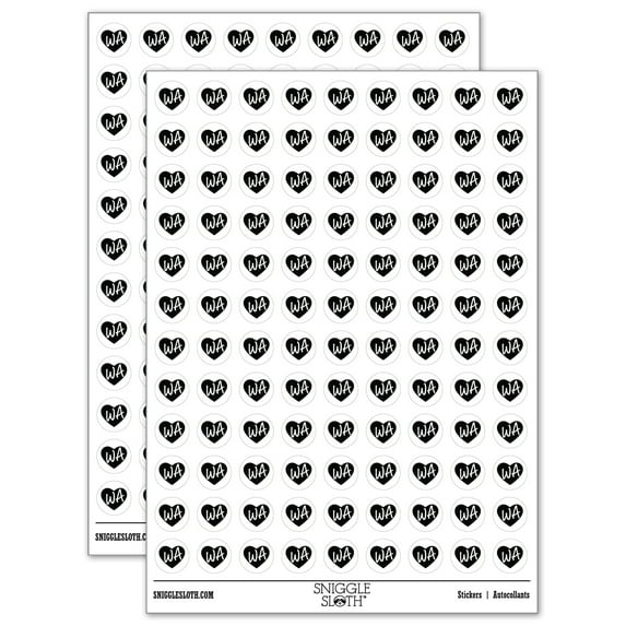 WA Washington State in Heart 200+ Round Stickers - White - Gloss Finish - 0.50" Size