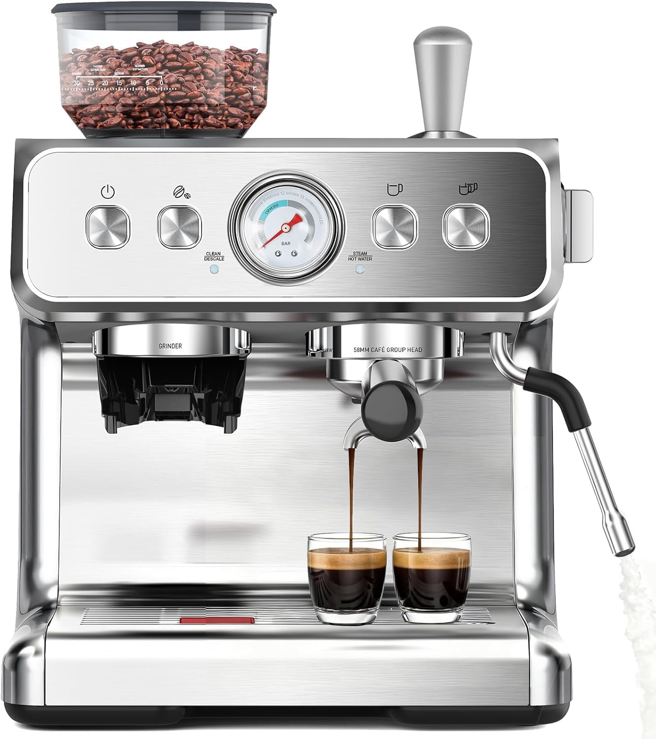 WAA 20 Bar Espresso Machine Semi-Auto with Grinder/Milk Frother,1450W Home Maker,95 Oz Tank (Stainless Steel)